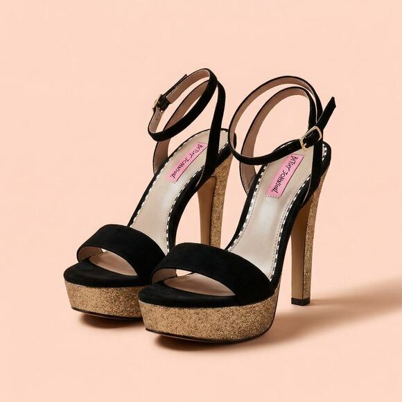 Betsey Johnson Shoes - Betsey Johnson Black Velvet Glitter Platform Heels Size 7.5